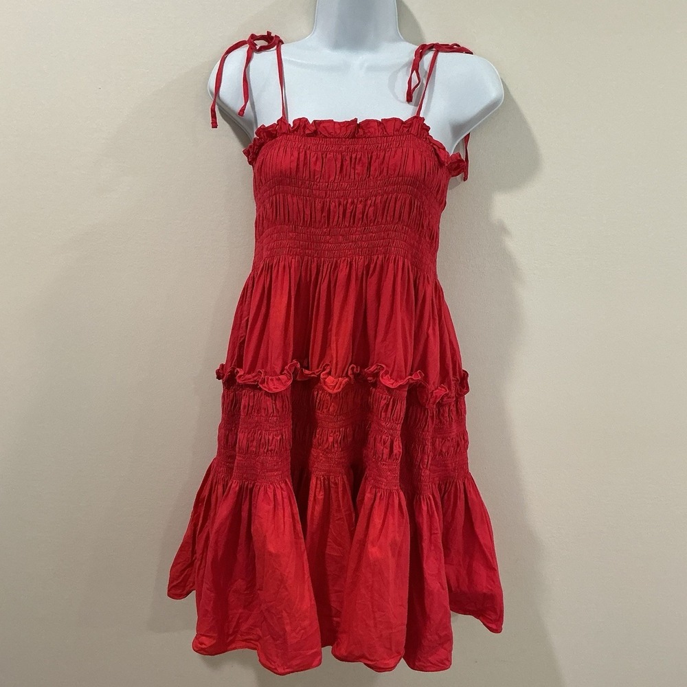 Pinch Smocked Tiered Red Sundress Cotton Tie Strap Dress Womens M Beach Vacation